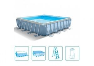 Каркасный бассейн Prism Frame 427х427х107см, 16650л, фил.-насос 3785л\ч, лестница, тент, подстилка, Intex, 26764