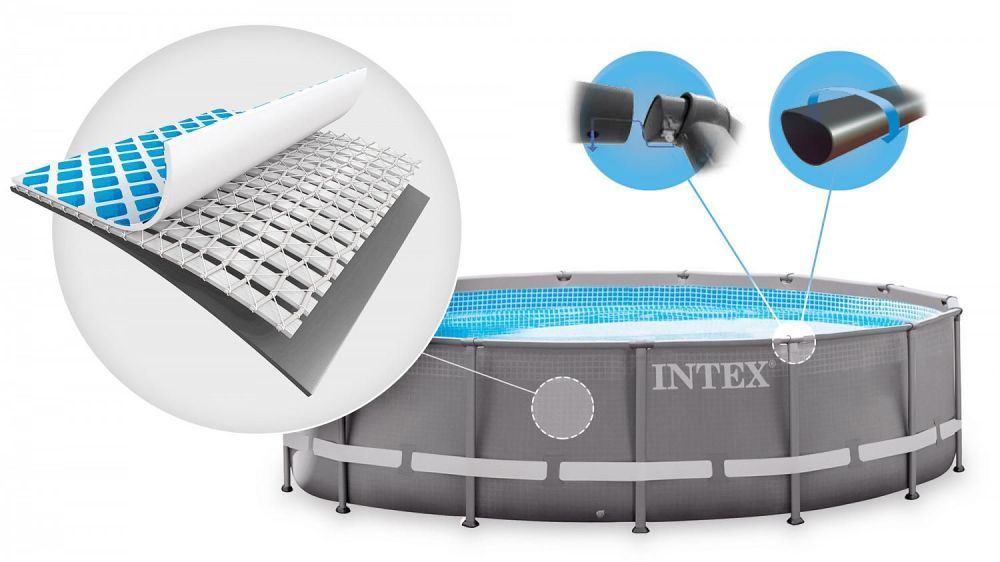Каркасный бассейн Ultra Frame 427х107см, 12706л, фил.-насос 3785л\ч, лестница, тент, подстилка, Intex, 26310