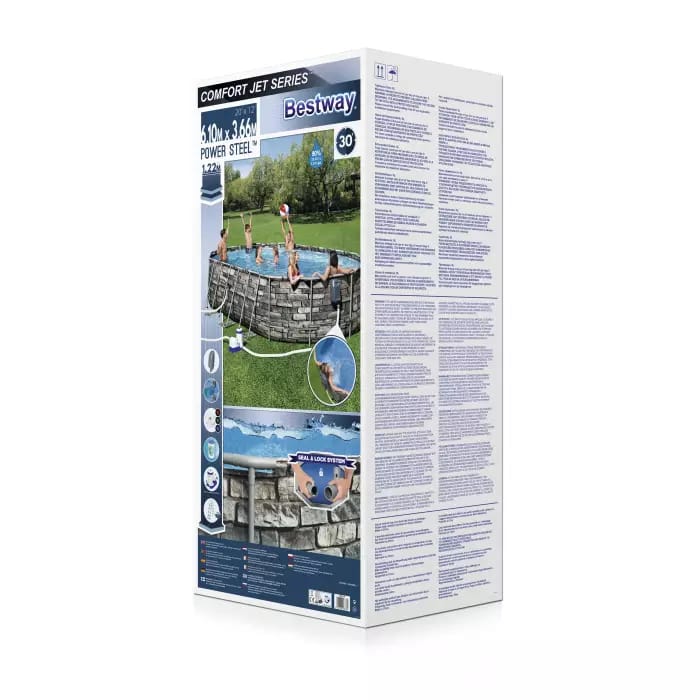 Каркасный бассейн Power Steel 610x366x122см "Камень" 20241л, фил.-нас. 9463л, лестн, гидромас, подсв, Bestway, 56719 BW