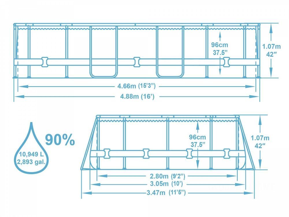 Каркасный бассейн Power Steel 488х305х107см, 10949л, фил.-насос 3028л/ч, лестница, тент, попл.-доз., Bestway, 56448 BW