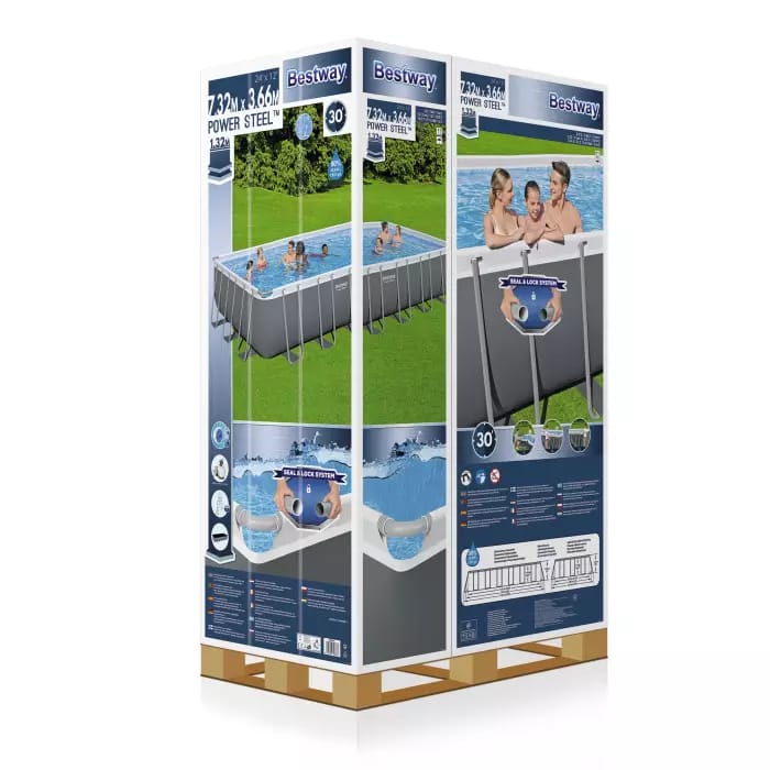 Каркасный бассейн Power Steel 732х366х132см, 30045л, песч.фил.-нас. 5678л/ч, лестн., тент, попл.-доз, Bestway, 56475 BW