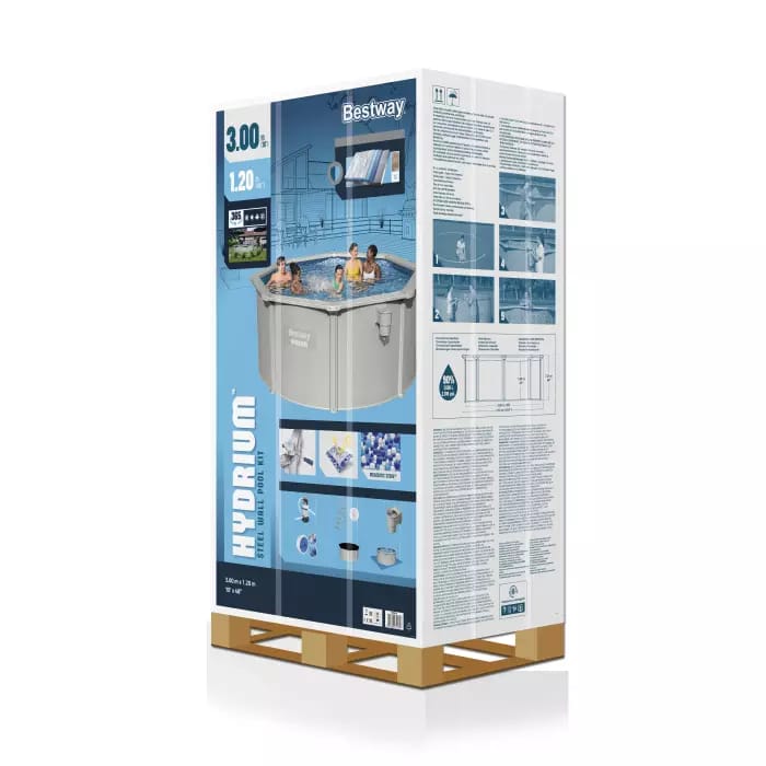 Стальной бассейн Hydrium 300х120см, 7630л, песч.фил.-нас. 3028л/ч, лестн., тент, подст., попл.-доз.