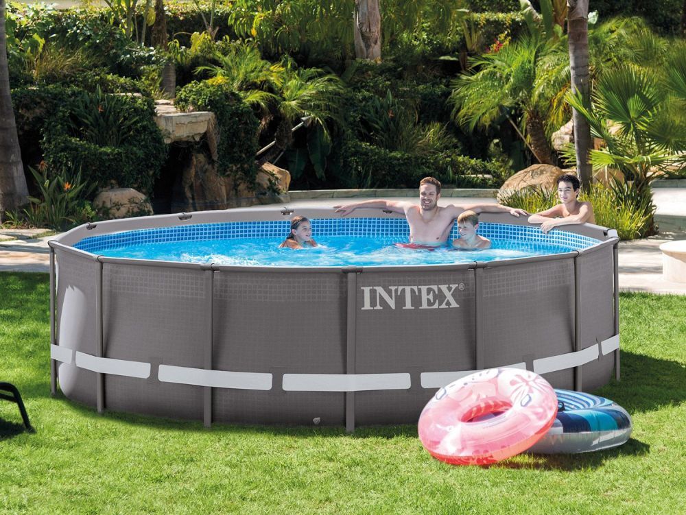 Каркасный бассейн Ultra Frame 427х107см, 12706л, фил.-насос 3785л\ч, лестница, тент, подстилка, Intex, 26310
