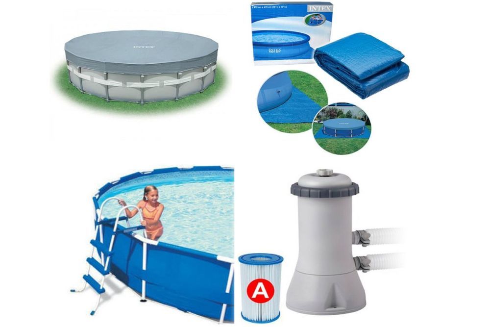 Каркасный бассейн Metal Frame 457х91см, фильтр-насос 220В, лестница, тент, подстилка, Intex, 28232