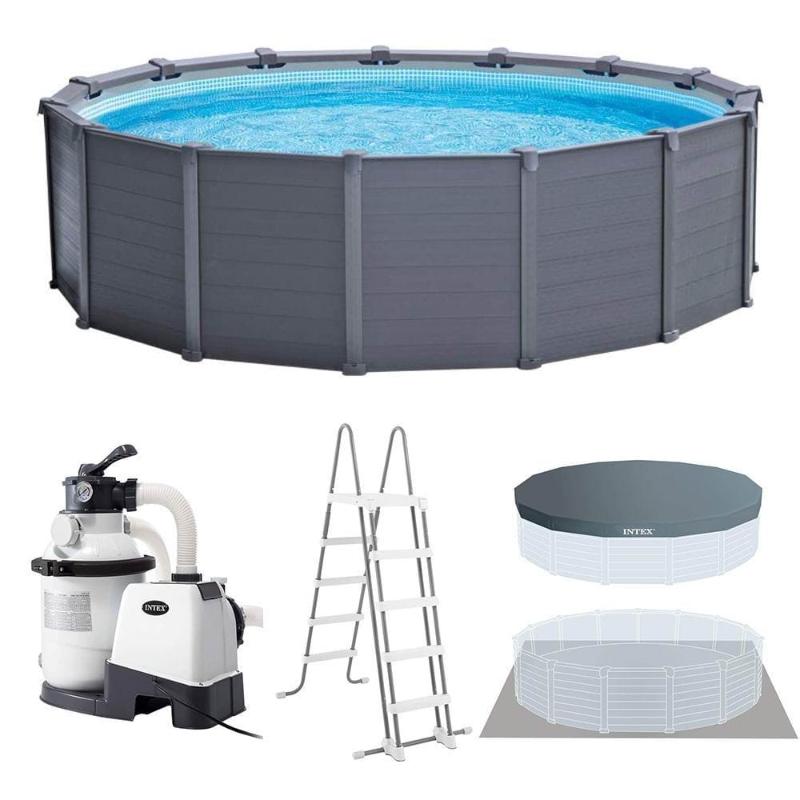 Каркасный бассейн 478х124см "Graphite Gray Panel" 16805л, песч.фил.-нас. 4500л\ч, лестн, тент, подст, Intex, 26384