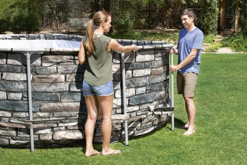 Каркасный бассейн Power Steel 610x366x122см "Камень" 20241л, фил.-нас. 9463л, лестн, гидромас, подсв, Bestway, 56719 BW