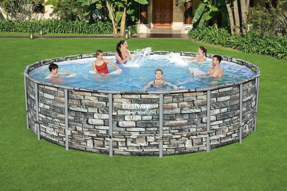 Каркасный бассейн Power Steel 549x132см "Камень" 26000л, фил.-нас. 5678л/ч, лестн., тент, попл.-доз., Bestway, 56886 BW