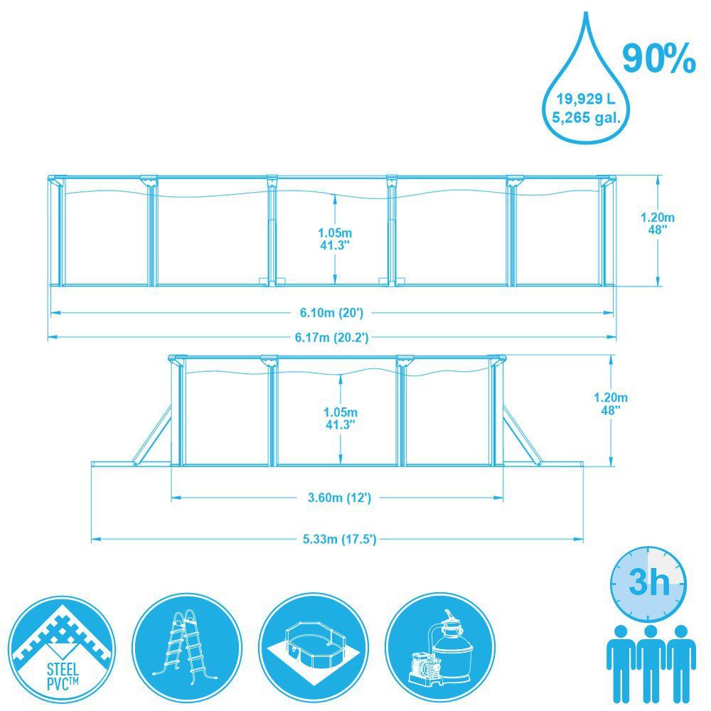 Стальной бассейн Hydrium 610х360х120см, 19929л, песч.фил.-нас 5678л/ч, лестн, тент, подст, попл.-доз